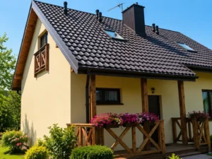 Dom szkieletowy Bieruń, budynek z poddaszem, 78 m2 - wizualizacja elewacji frontowej