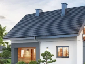 Dom szkieletowy Dobrzeń Wielki, budynek z poddaszem, 132 m2 - wizualizacja elewacji frontowej