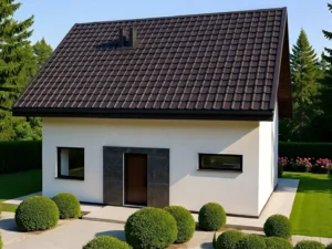 Dom szkieletowy Połomia, budynek z poddaszem, 86 m2 - wizualizacja elewacji frontowej