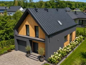 Dom szkieletowy Radzionków, budynek z poddaszem, 122 m2 - wizualizacja elewacji frontowej