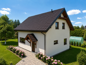 Dom szkieletowy Ruda Śląska, budynek z poddaszem, 92 m2 - wizualizacja elewacji frontowej