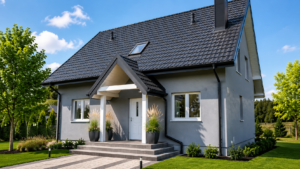 Dom szkieletowy Cieszyn, budynek z poddaszem, 121 m2 - wizualizacja elewacji frontowej