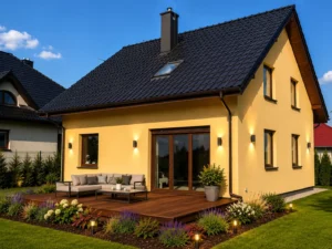 Dom szkieletowy Chełm Śląski 2, budynek z poddaszem, 120 m2 - wizualizacja elewacji frontowej