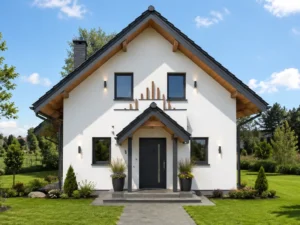 Dom szkieletowy Chełm Śląski, budynek z poddaszem, 110 m2 - wizualizacja elewacji frontowej