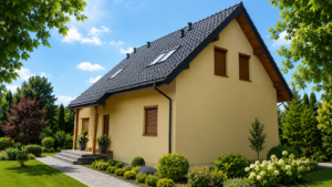 Dom szkieletowy Knurów, budynek z poddaszem, 110 m2 - wizualizacja elewacji frontowej