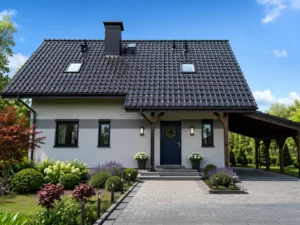 Dom szkieletowy Imielin, budynek z poddaszem, 97 m2 - wizualizacja elewacji frontowej