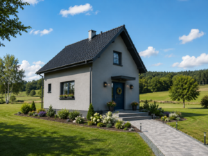 Dom szkieletowy Gołogłowy, budynek z poddaszem, 106 m2 - wizualizacja elewacji frontowej