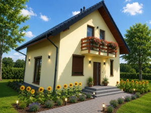 Dom szkieletowy Rogów 2, budynek z poddaszem, 68 m2 - wizualizacja elewacji frontowej