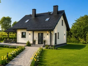 Dom szkieletowy Słupca 2, budynek z poddaszem, 100 m2 - wizualizacja elewacji frontowej