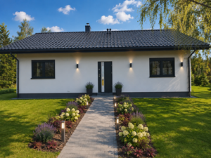 Dom szkieletowy Turza Śląska 2, budynek parterowy, 70 m2 - wizualizacja elewacji frontowej