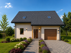 Dom szkieletowy Gołkowice, budynek parterowy, 100 m2 - wizualizacja elewacji frontowej