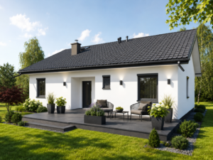 Dom szkieletowy Rybnik 4, budynek parterowy, 100 m2 - wizualizacja elewacji frontowej