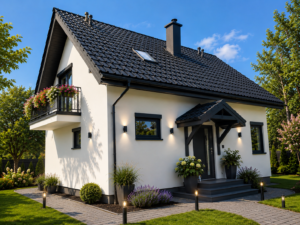 Dom szkieletowy Rybnik-Kamień, budynek z poddaszem, 105 m2 - wizualizacja elewacji frontowej