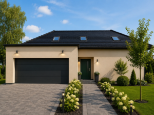 Dom szkieletowy Sosnowiec, budynek z poddaszem, 249 m2 - wizualizacja elewacji frontowej