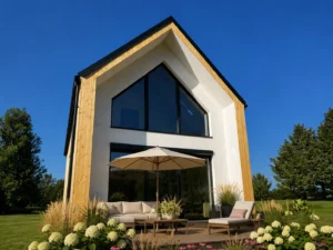 Dom szkieletowy Rybnik 2, budynek z poddaszem, 75 m2 - wizualizacja elewacji frontowej
