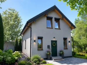 Dom szkieletowy Tarnowskie Góry, budynek z poddaszem, 87 m2 - wizualizacja elewacji frontowej