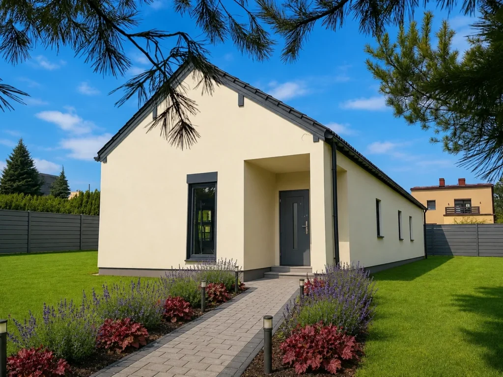 Dom szkieletowy Wodzisław Śląski 2, budynek parterowy, 109 m2 - wizualizacja elewacji frontowej