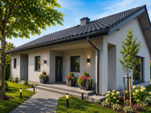 Dom szkieletowy Knurów 2, budynek parterowy, 100 m2 - wizualizacja elewacji frontowej