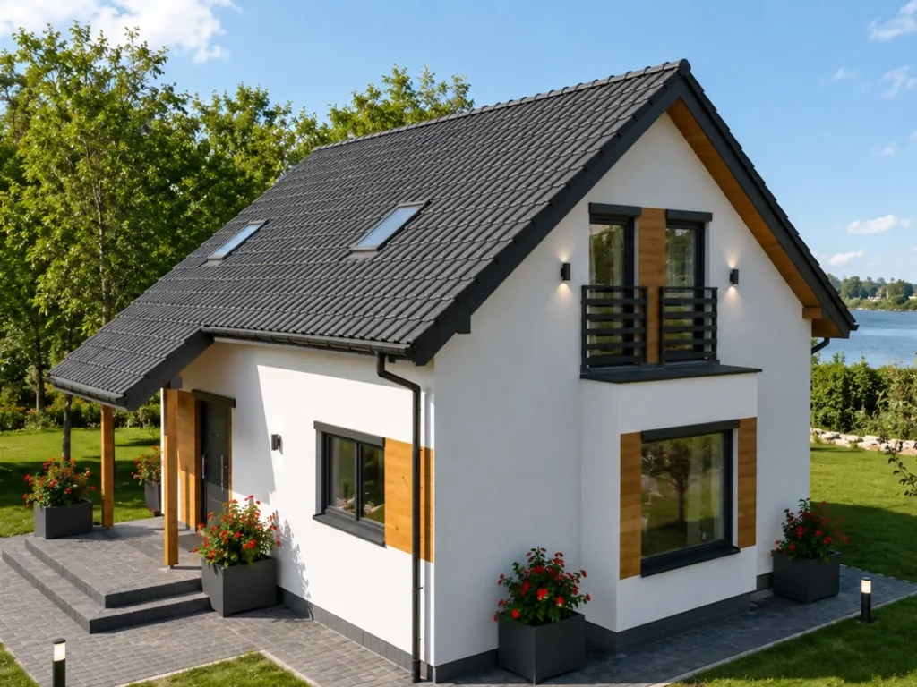 Dom szkieletowy Czechowice-Dziedzice, budynek z poddaszem, 119 m2 - wizualizacja elewacji frontowej