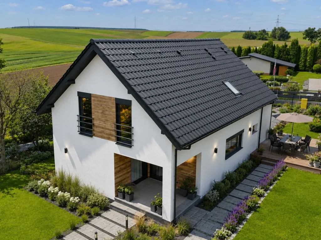 Dom szkieletowy Jastrzębie-Zdrój 3, budynek z poddaszem, 134 m2 - wizualizacja elewacji frontowej
