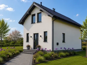 Dom szkieletowy Rydułtowy, budynek z poddaszem, 96 m2 - wizualizacja elewacji frontowej