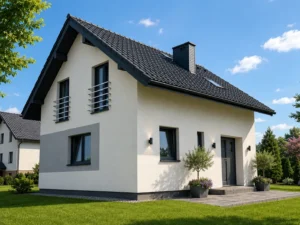 Dom szkieletowy Połomia, budynek z poddaszem, 98 m2 - wizualizacja elewacji frontowej