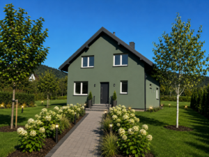 Dom szkieletowy Myślenice, budynek z poddaszem, 129 m2 - wizualizacja elewacji frontowej
