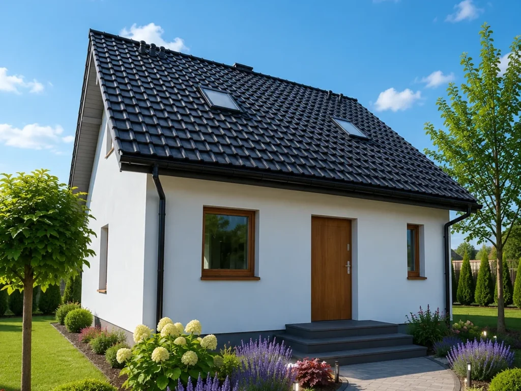 Dom szkieletowy Skrzyszów 4, budynek z poddaszem, 55 m2 - wizualizacja elewacji frontowej