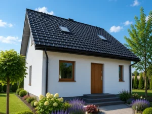 Dom szkieletowy Skrzyszów 4, budynek z poddaszem, 55 m2 - wizualizacja elewacji frontowej