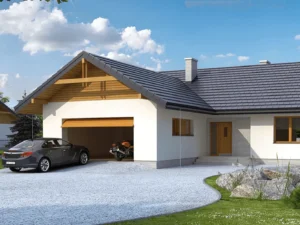 Dom szkieletowy Abra 2 drewniana, budynek parterowy, 108 m2 - wizualizacja elewacji frontowej