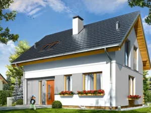 Dom szkieletowy Ania, budynek z poddaszem, 83 m2 - wizualizacja elewacji frontowej