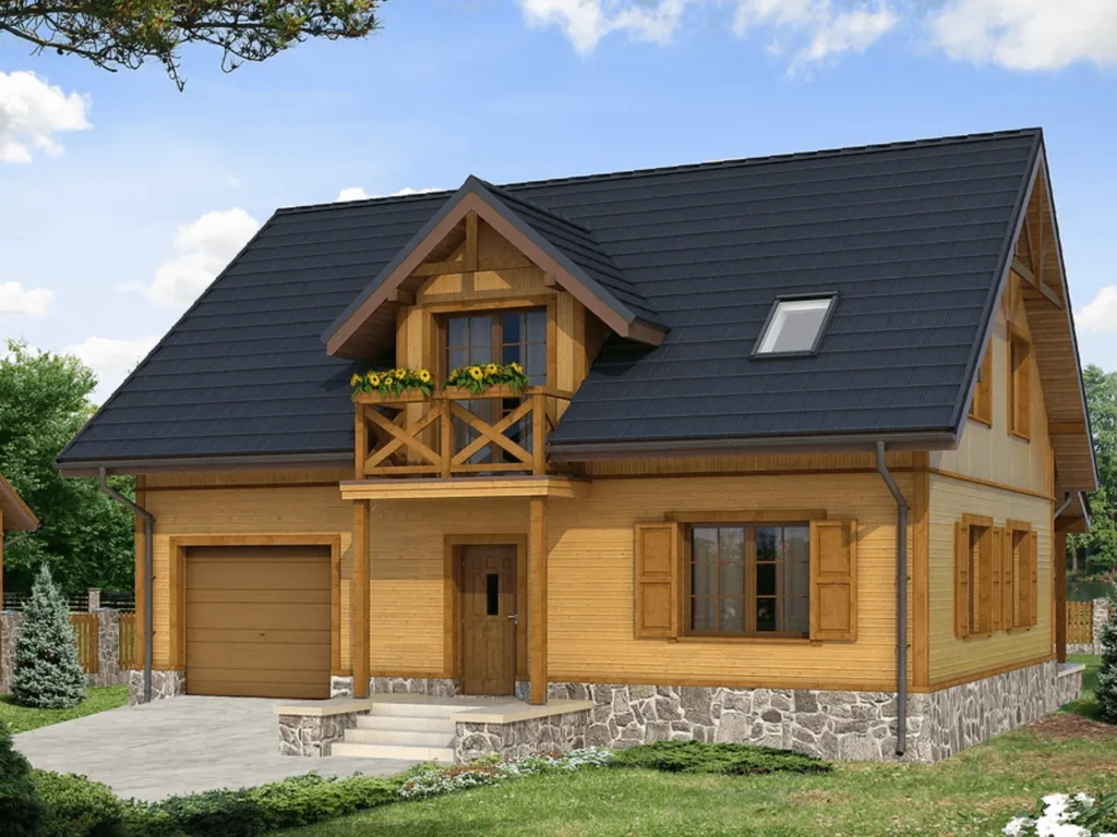 Dom szkieletowy Arnika 2 dr s, budynek z poddaszem, 134 m2 - wizualizacja elewacji frontowej