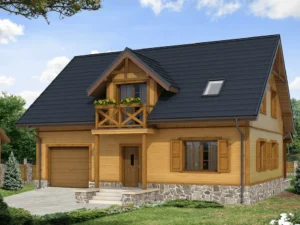 Dom szkieletowy Arnika 2 dr s, budynek z poddaszem, 134 m2 - wizualizacja elewacji frontowej