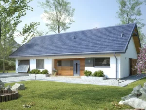 Dom szkieletowy Awokado 3, budynek parterowy, 128 m2 - wizualizacja elewacji frontowej