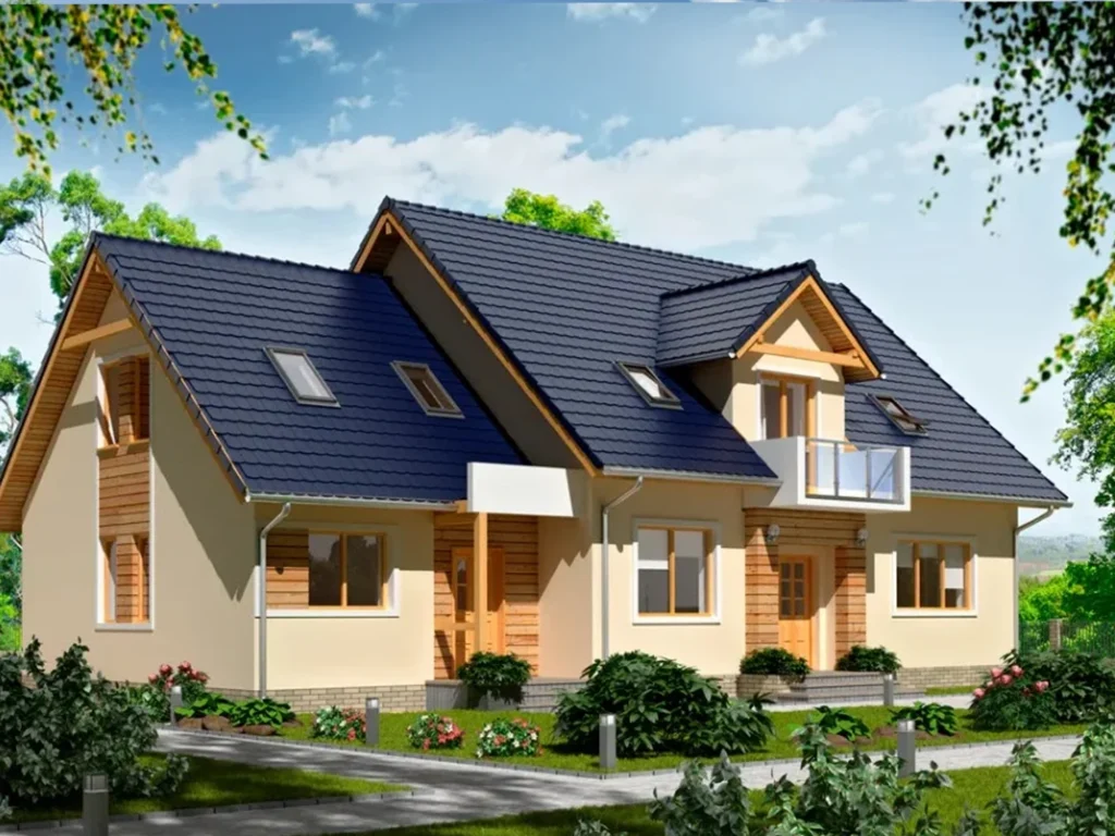 Dom szkieletowy BS-15 Dwulokalowy, budynek z poddaszem, 180 m2 - wizualizacja elewacji frontowej