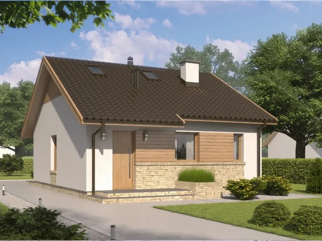 Dom szkieletowy D142, budynek parterowy, 50 m2 - wizualizacja elewacji frontowej