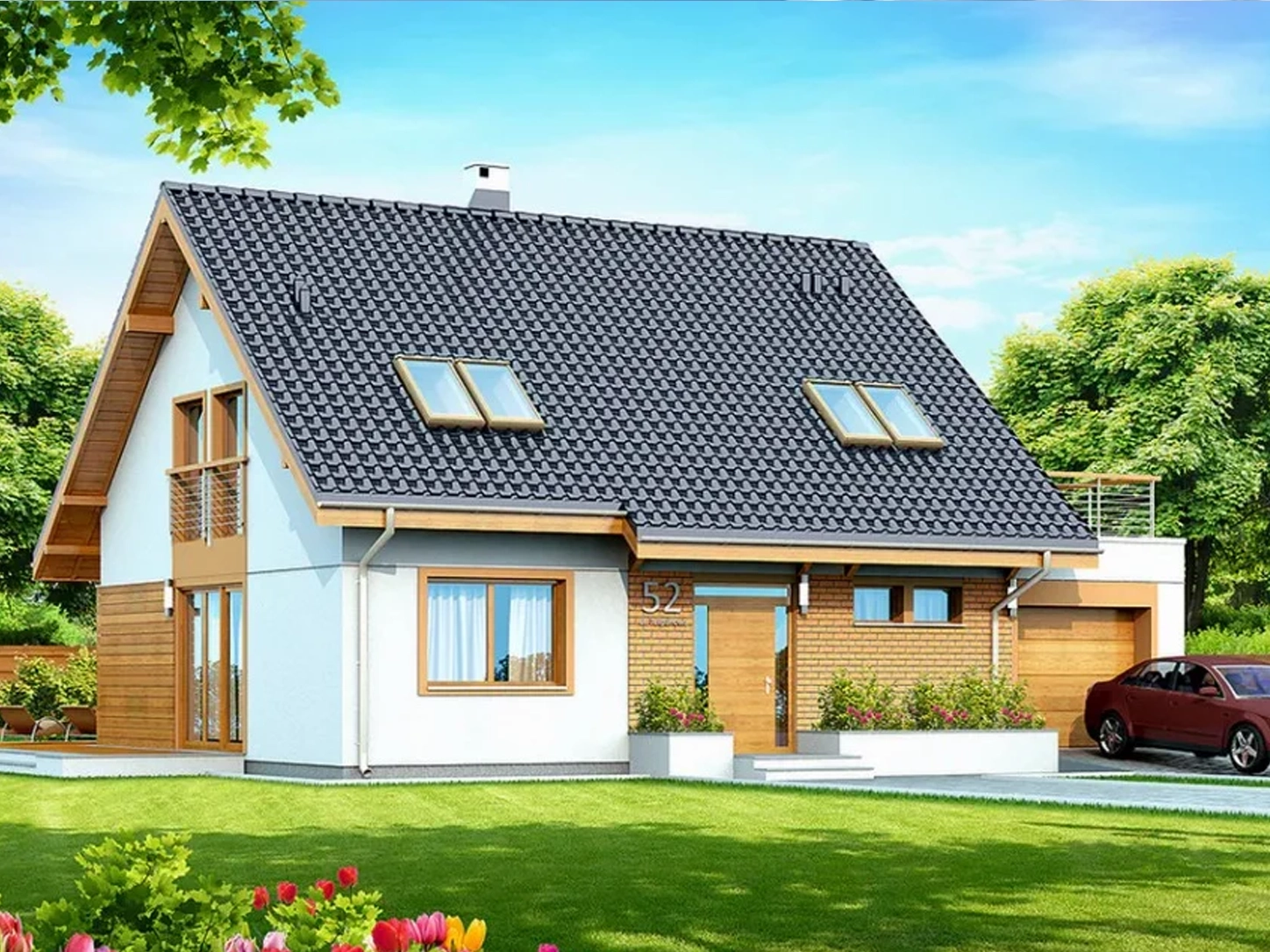 Dom szkieletowy Delisa, budynek z poddaszem, 134 m2 - wizualizacja elewacji frontowej