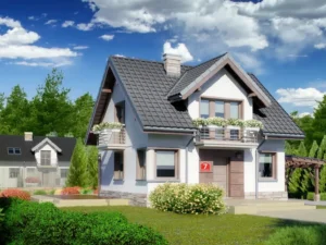 Dom szkieletowy Dom przy Wiosennej 7, budynek z poddaszem, 81 m2 - wizualizacja elewacji frontowej