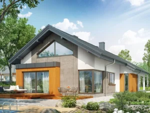 Dom szkieletowy Dom w Araliach, budynek parterowy, 129 m2 - wizualizacja elewacji frontowej