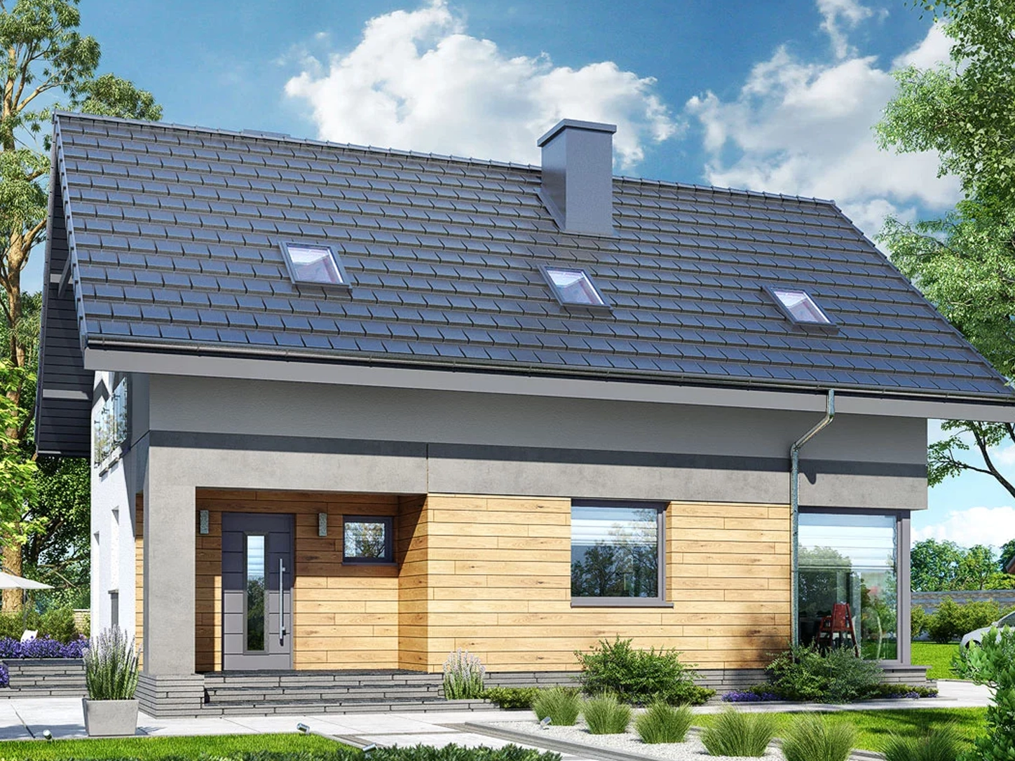 Dom szkieletowy Dom w Cytryńcach (W), budynek z poddaszem, 106 m2 - wizualizacja elewacji frontowej