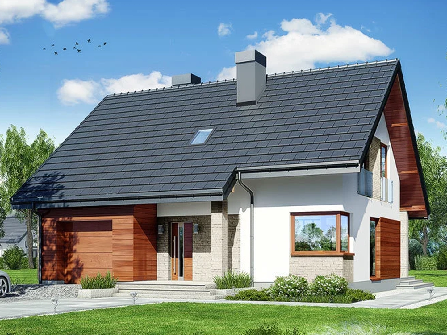 Dom szkieletowy Dom w Jabłonkach 9, budynek z poddaszem, 100 m2 - wizualizacja elewacji frontowej