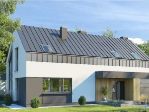 Dom szkieletowy Dom w Kellerisach, budynek z poddaszem, 140 m2 - wizualizacja elewacji frontowej