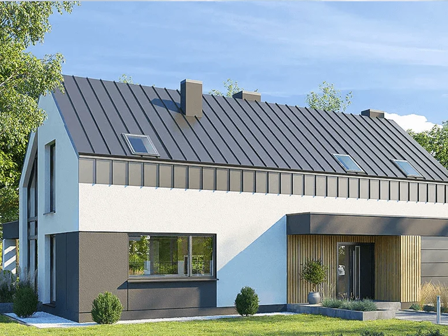 Dom szkieletowy Dom w Kellerisach, budynek z poddaszem, 140 m2 - wizualizacja elewacji frontowej
