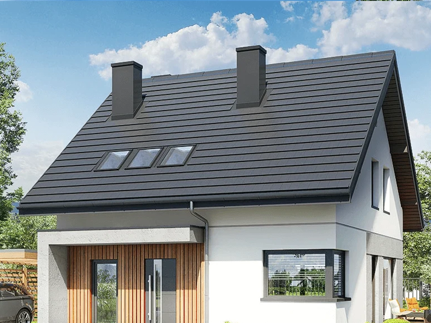 Dom szkieletowy Dom w Krynkach, budynek z poddaszem, 121 m2 - wizualizacja elewacji frontowej