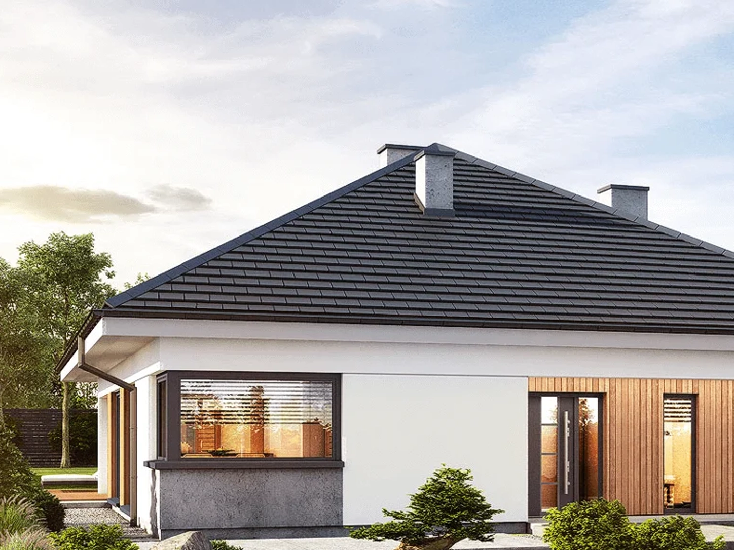 Dom szkieletowy Dom w Renklodach 10, budynek parterowy, 116 m2 - wizualizacja elewacji frontowej
