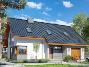 Dom szkieletowy Dom w Żurawkach 4, budynek z poddaszem, 123 m2 - wizualizacja elewacji frontowej
