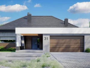 Dom szkieletowy Homekoncept 31, budynek parterowy, 142 m2 - wizualizacja elewacji frontowej