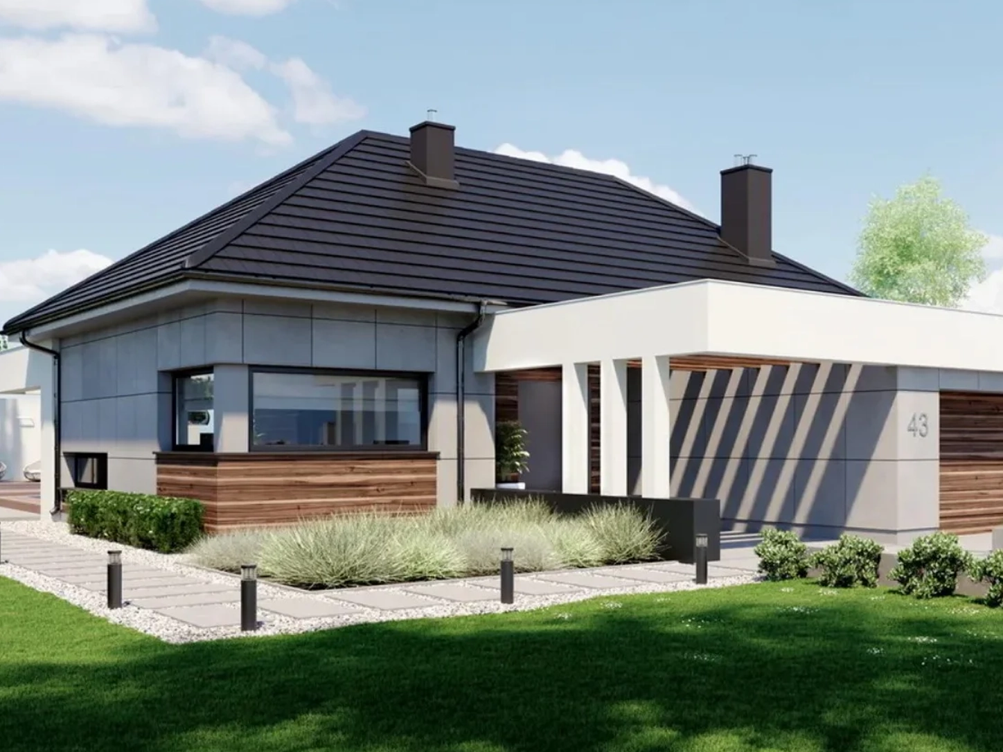 Dom szkieletowy Homekoncept 43, budynek parterowy, 125 m2 - wizualizacja elewacji frontowej