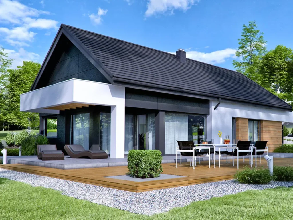 Dom szkieletowy Homekoncept 44, budynek parterowy, 100 m2 - wizualizacja elewacji frontowej