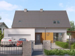 Dom szkieletowy Korso, budynek z poddaszem, 138 m2 - wizualizacja elewacji frontowej